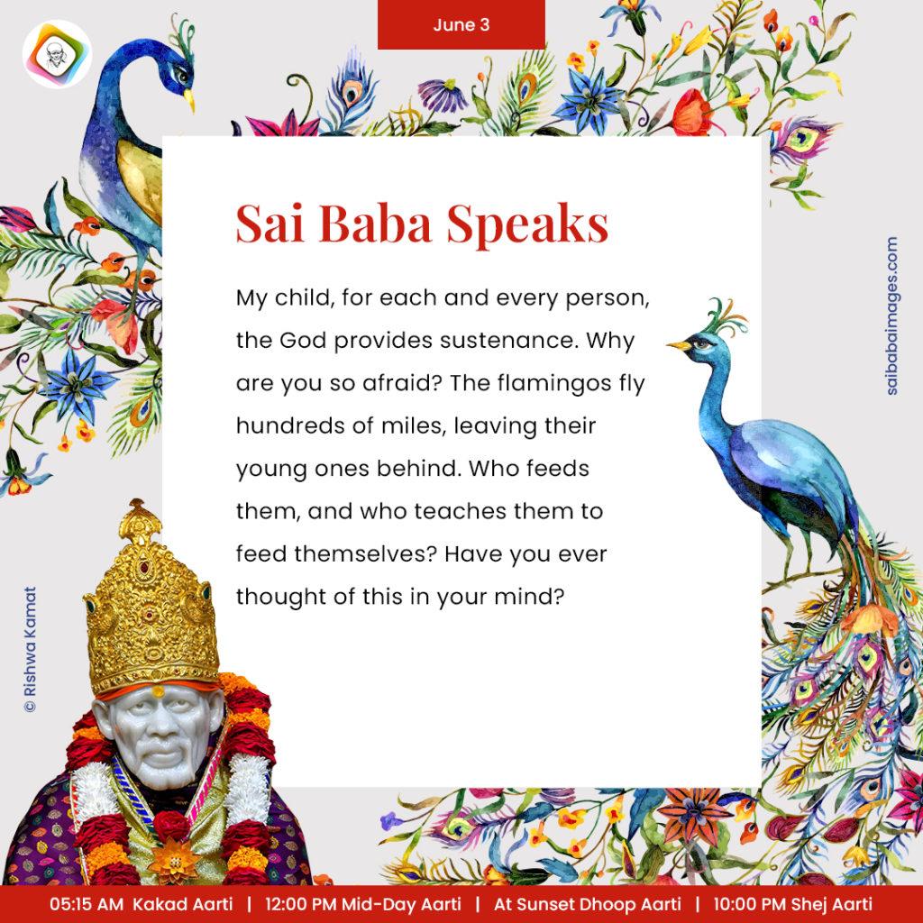 Ask Sai Baba - Sai Baba Answers - "My child, for each and every person, the God provides sustenance. Why are you so afraid? The flamingos fly hundreds of miles, leaving their young ones behind. Who feeds them, and who teaches them to feed themselves? Have you ever thought of this in your mind"?