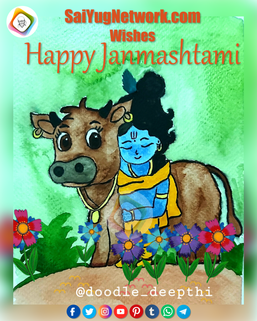 A colorful watercolor-style doodle for Janmashtami featuring a young blue Krishna with a peacock feather in his hair, leaning affectionately against a brown cow. The image is set against a green background with vibrant flowers and includes the text "SaiYugNetwork.com Wishes Happy Janmashtami." While Shirdi Sai Baba is not shown, this festive greeting is a part of the Sai baba images free download collection, honoring his tradition of celebrating all festivals.