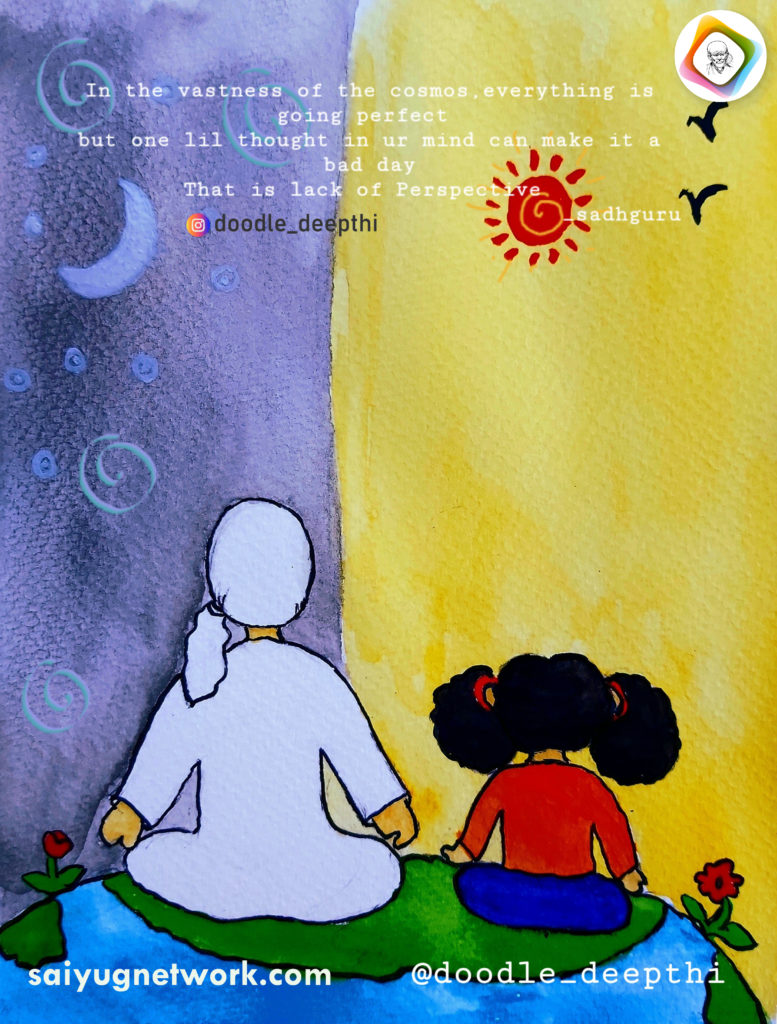 A digital watercolor doodle of Shirdi Sai Baba, wearing a white kafni and headscarf, sitting in meditation next to a young girl on a small patch of Earth. The background is split between a purple night sky with a crescent moon and a bright yellow day sky with a red sun.