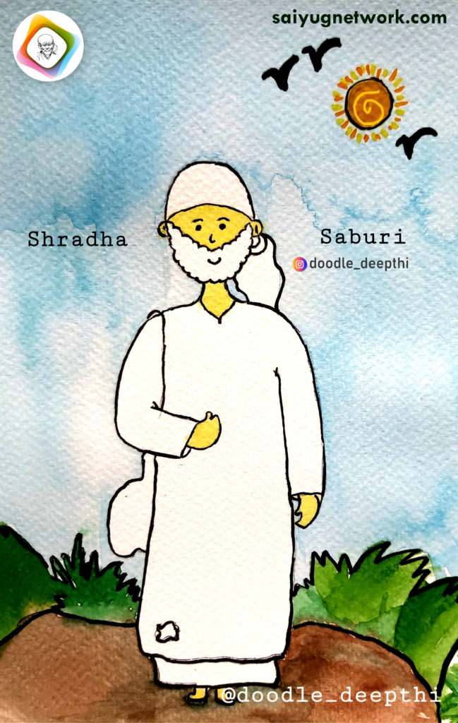A serene doodle of Shirdi Sai Baba wearing a long white kafni and a matching headscarf. He is standing on a path in a peaceful outdoor setting with green bushes, a blue watercolor sky, and a bright sun with birds. The words "Shradha" and "Saburi" are written on either side of him.
