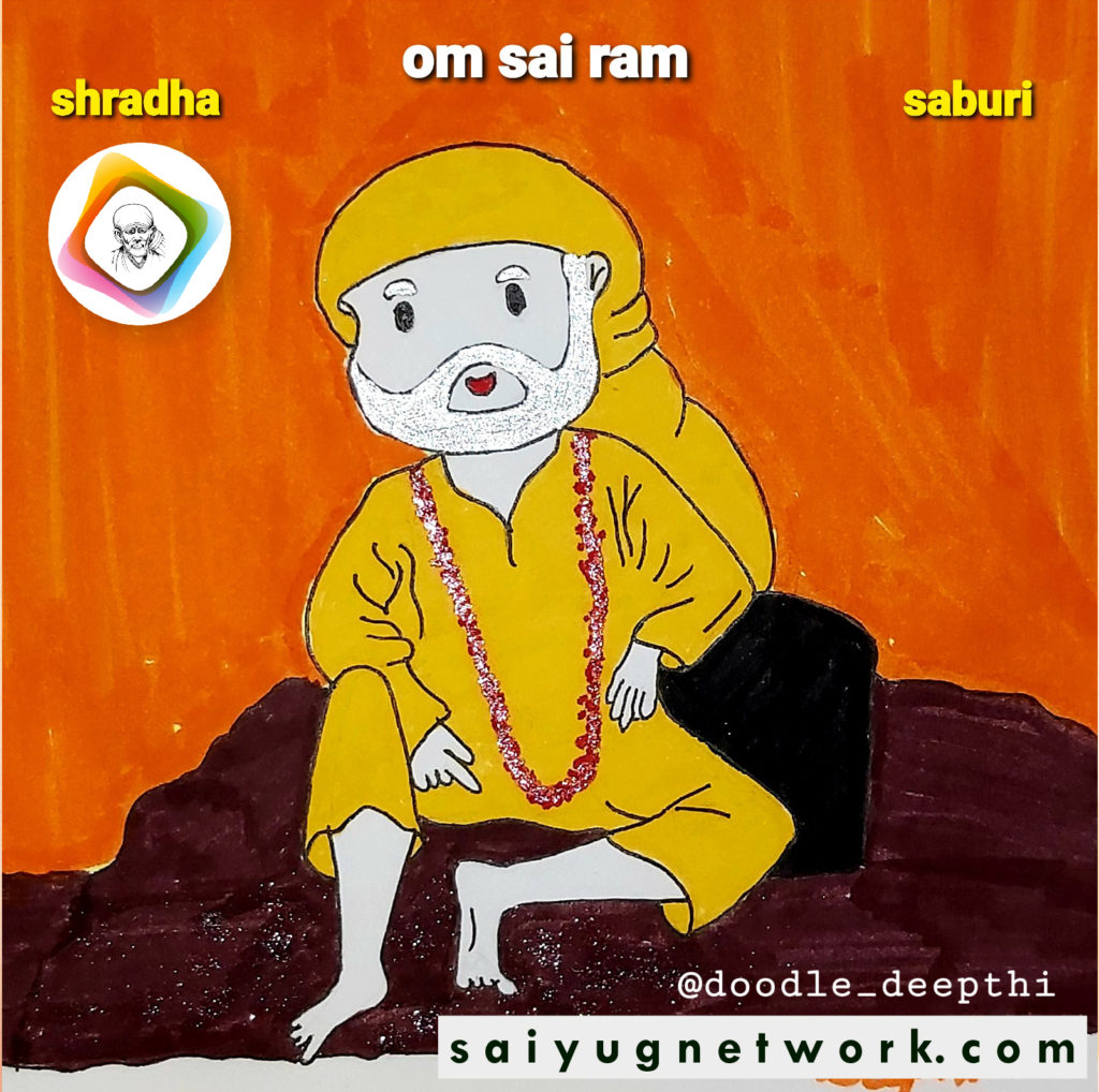 A vibrant doodle of Shirdi Sai Baba wearing a bright yellow kafni and a matching headscarf, sitting on a dark rock against an orange background. The text "shradha" and "saburi" is displayed alongside the mantra "om sai ram."