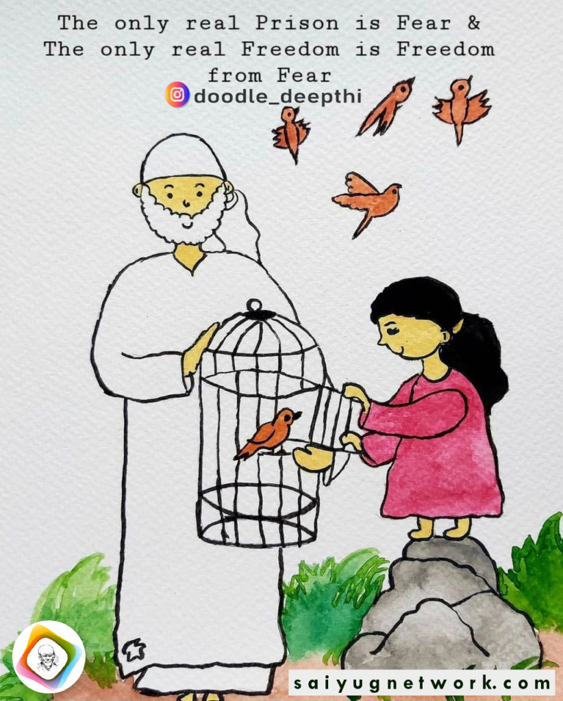 An inspirational doodle of Shirdi Sai Baba in a white kafni, helping a young girl release a bird from a cage. The scene represents freedom from fear, with several orange birds flying freely in the sky above them.