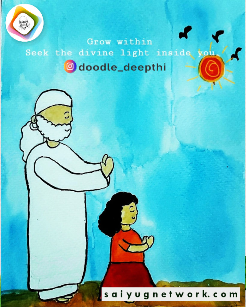 A peaceful doodle of Shirdi Sai Baba wearing a traditional white kafni and headscarf, standing with his hands folded in prayer alongside a young girl. The background is a blue watercolor sky with a bright sun and birds, reinforcing the message of finding inner light.
