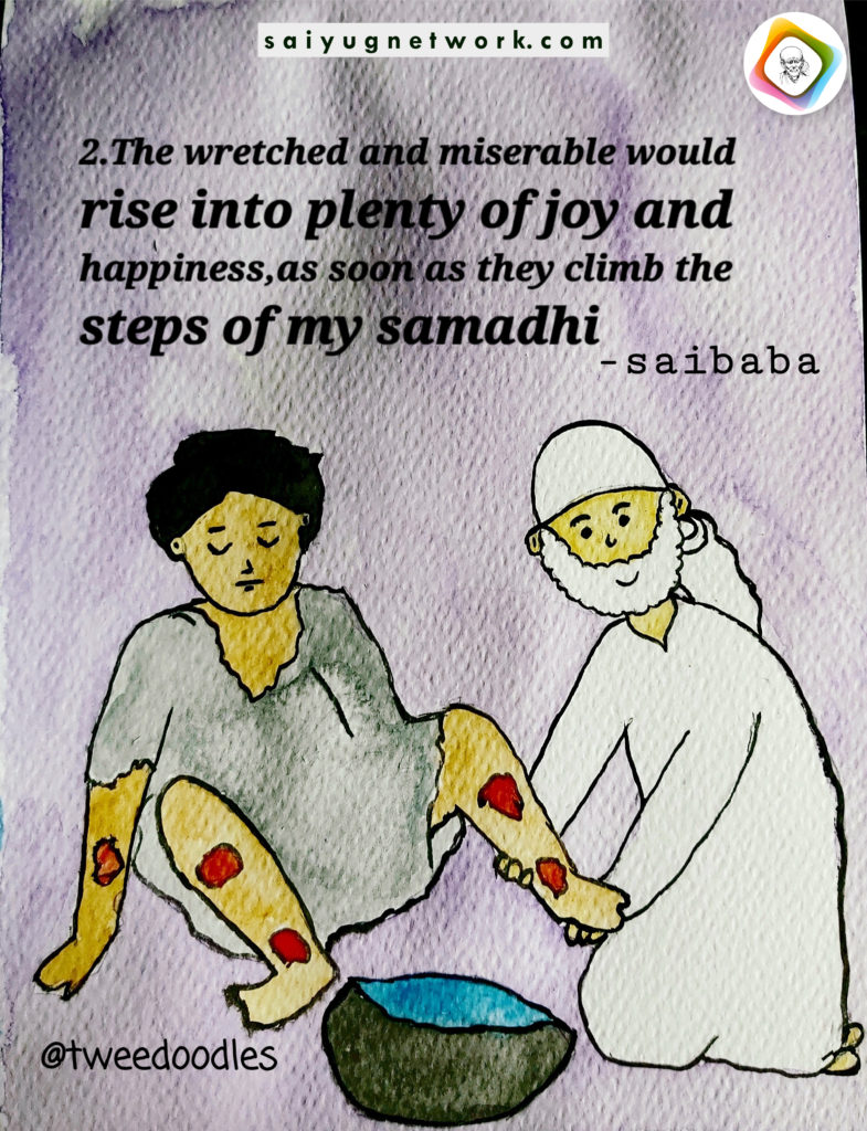 A heartwarming watercolor doodle of Shirdi Sai Baba wearing a white kafni, kneeling to wash and heal the wounded legs of a seated devotee. The image includes a comforting quote about finding joy and happiness through his grace.