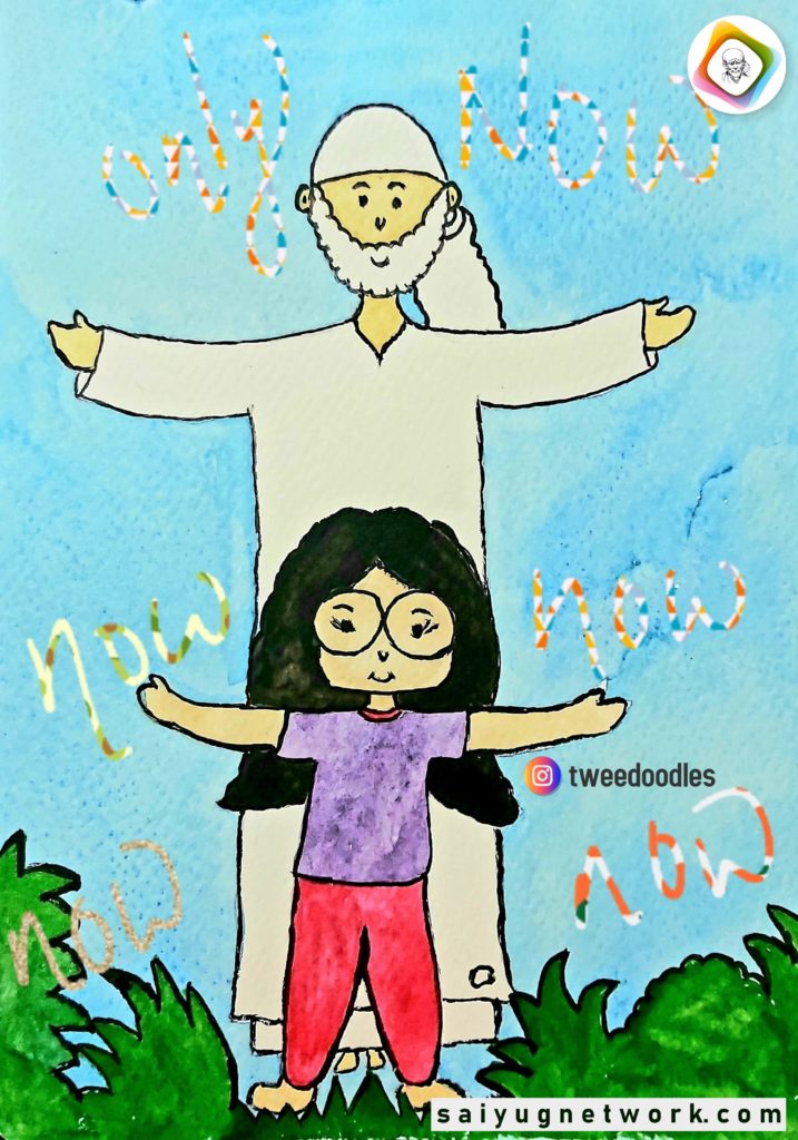 A charming watercolor doodle featuring Shirdi Sai Baba in a white kafni with his arms outstretched in a protective gesture over a small child. The background is a soft blue sky with the word "Now" written repeatedly in decorative, colorful lettering.