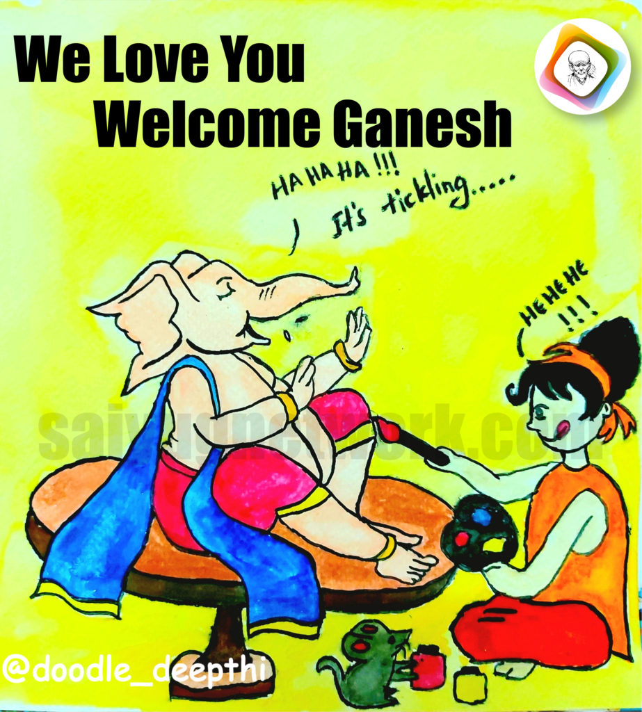A playful watercolor doodle for Ganesh Chaturthi showing a young devotee painting Lord Ganesha. Lord Ganesha is depicted sitting on a pedestal, wearing a blue kafni-style cloth draped over his shoulder, and laughing as the brush tickles him. A small mouse with a paint jar sits at his feet.