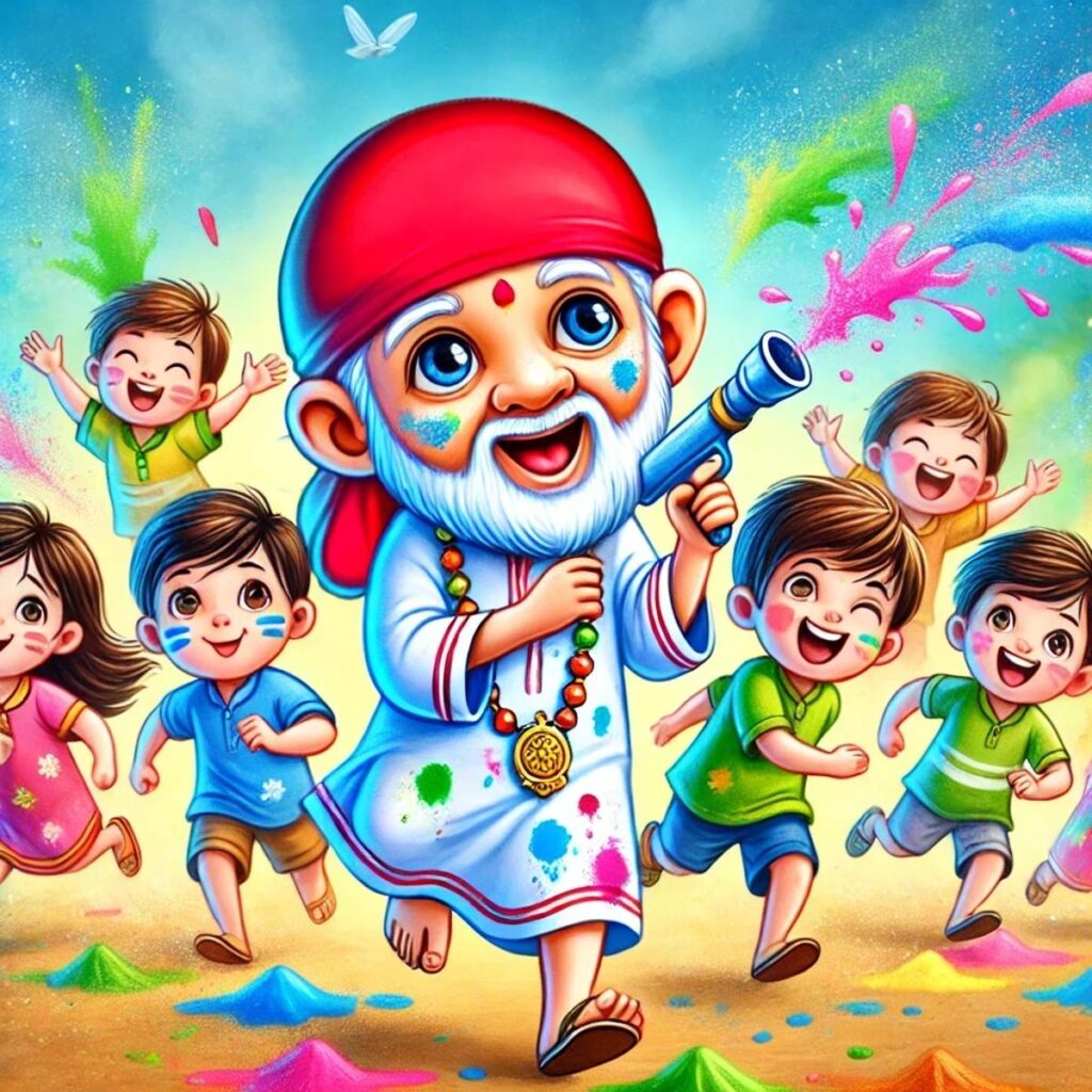 Sai Baba splashing colorful water from water gun with kids during Holi