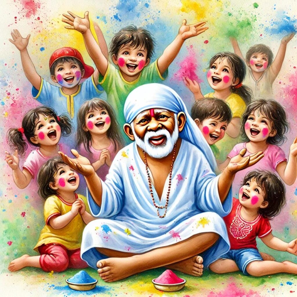 Sai Baba with Holi colors and kids rejoicing