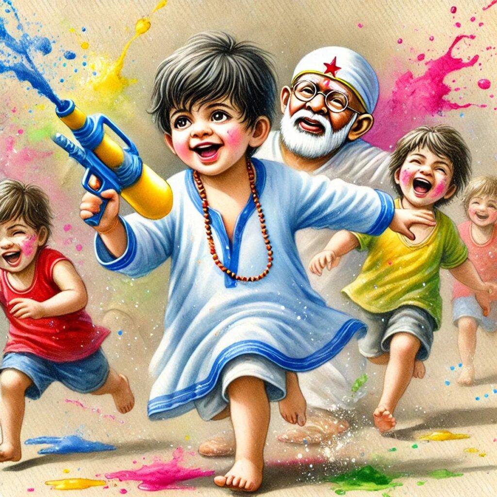 Sai Baba running to splash Holi colorful waters