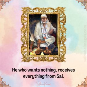 Sai baba images free download: Elegant portrait of Shirdi Sai Baba seated in white robes with water pot and citrus fruits, framed in ornate golden filigree border against pastel aqua and pink background, quote "He who wants nothing, receives everything from Sai"