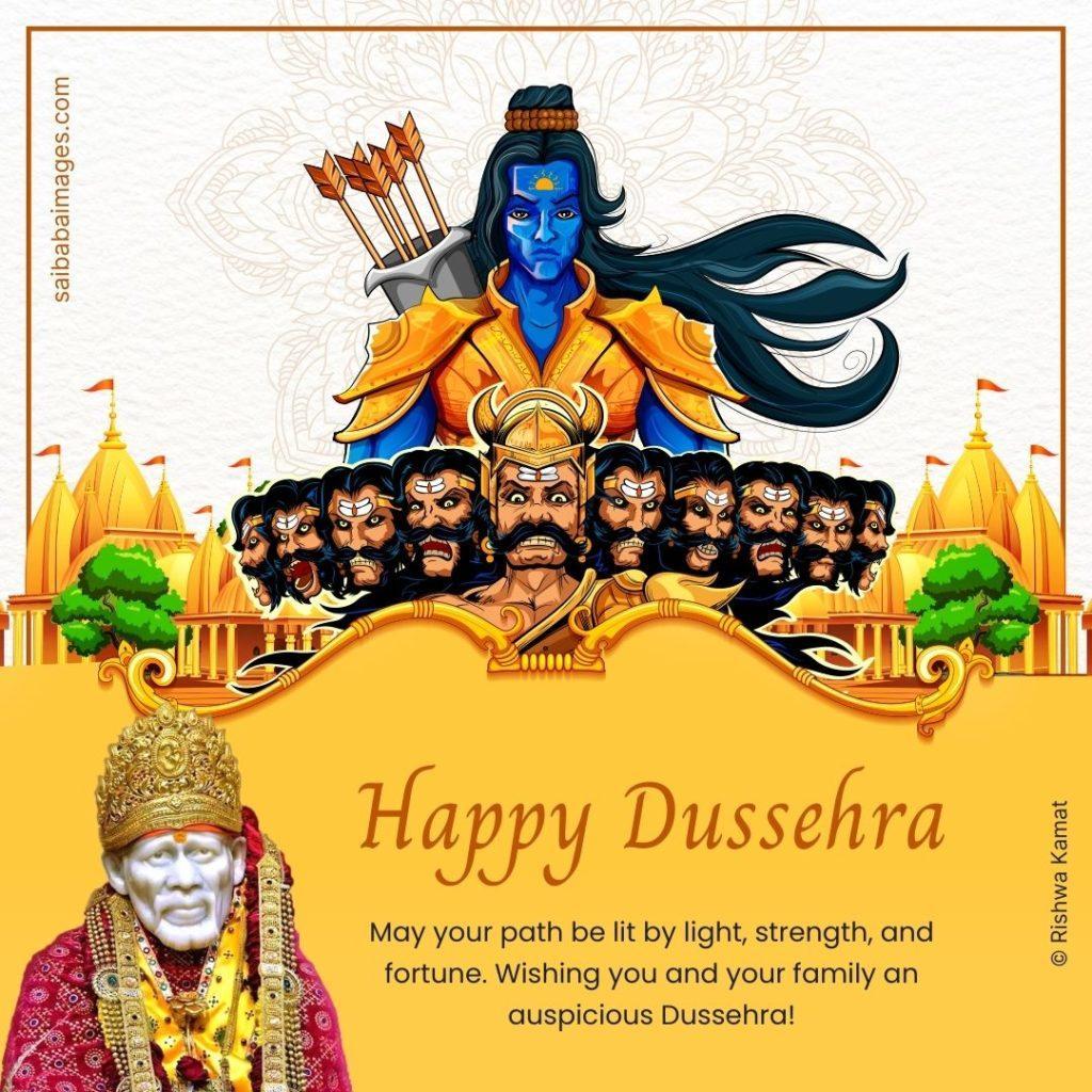 A Happy Dussehra greeting card featuring an illustration of Lord Rama and the ten-headed Ravana above a golden temple. In the foreground, Shirdi Sai Baba is shown wearing a golden crown and a patterned maroon kafni, accompanied by a message wishing for light, strength, and fortune.