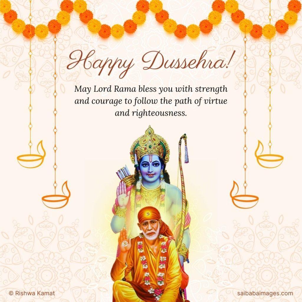 Vibrant Happy Dussehra image featuring Lord Rama in blue skin with bow and arrow, standing beside Shirdi Sai Baba in orange robes, surrounded by glowing diyas and marigold garlands on a white background—Sai Baba images free download for festive blessings of strength, courage, virtue, and righteousness.