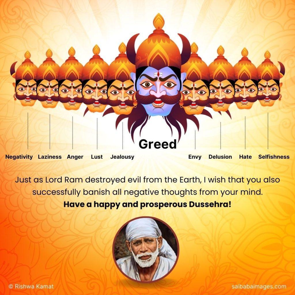 A Dusshera greeting image featuring the ten heads of Ravana labeled with negative traits like Greed and Anger, paired with a circular portrait of Shirdi Sai Baba wearing a white kafni and headwrap.