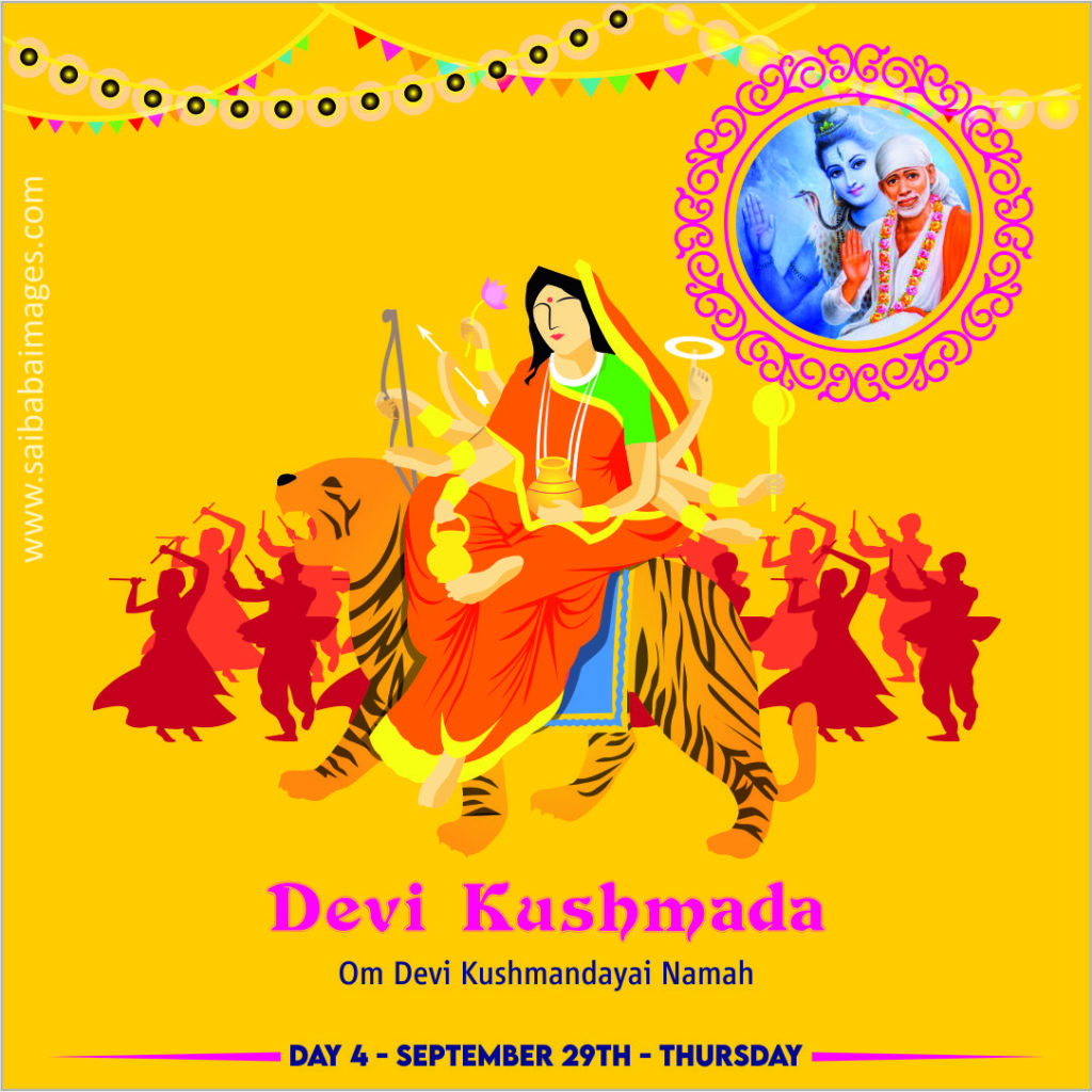 Festive Navratri Day 4 image showcasing Devi Kushmanda, the multi-armed Goddess in green and orange attire riding a tiger surrounded by dancing figures, with a circular portrait of Shirdi Sai Baba in the top corner and colorful hanging decorations—Sai Baba images free download for "Om Devi Kushmandayai Namah" 