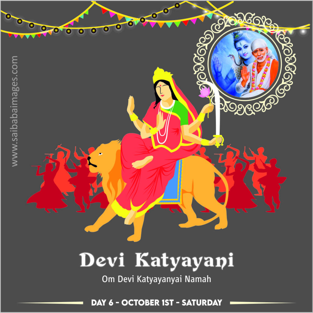 Elegant Navratri Day 6 image portraying Devi Katyayani, the multi-armed Goddess in red and green riding a lion amid dancing silhouettes, featuring a circular portrait of Shirdi Sai Baba in the top corner with festive hanging lights—Sai Baba images free download invoking "Om Devi Katyayani Namah"