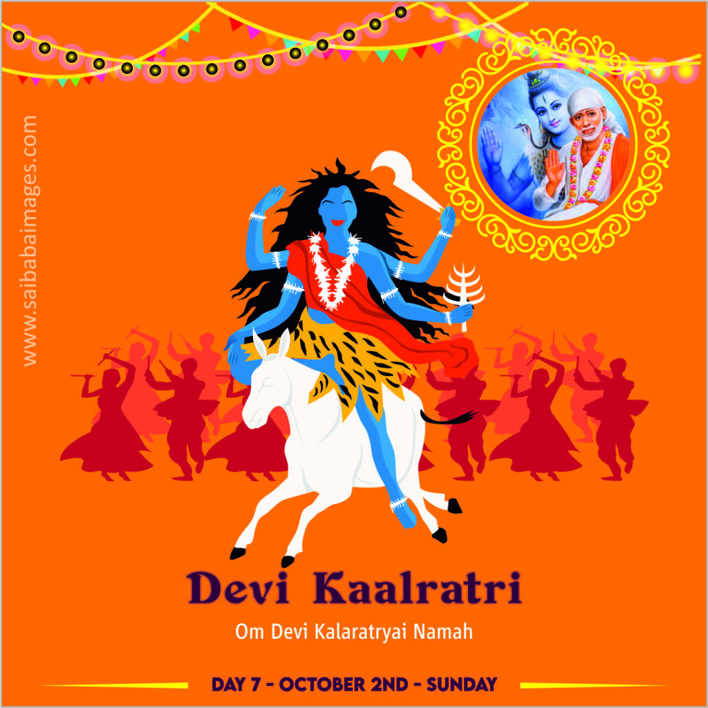 A devotional graphic for Day 7 of Navratri set against an orange background, featuring the fierce blue-skinned Devi Kaalratri riding a white donkey and holding a cleaver and a lightning bolt. In the top right corner, a circular gold-bordered inset shows Lord Shiva alongside Shirdi Sai Baba wearing an orange kafni. The image includes silhouettes of traditional dancers and the mantra "Om Devi Kalaratryai Namah."