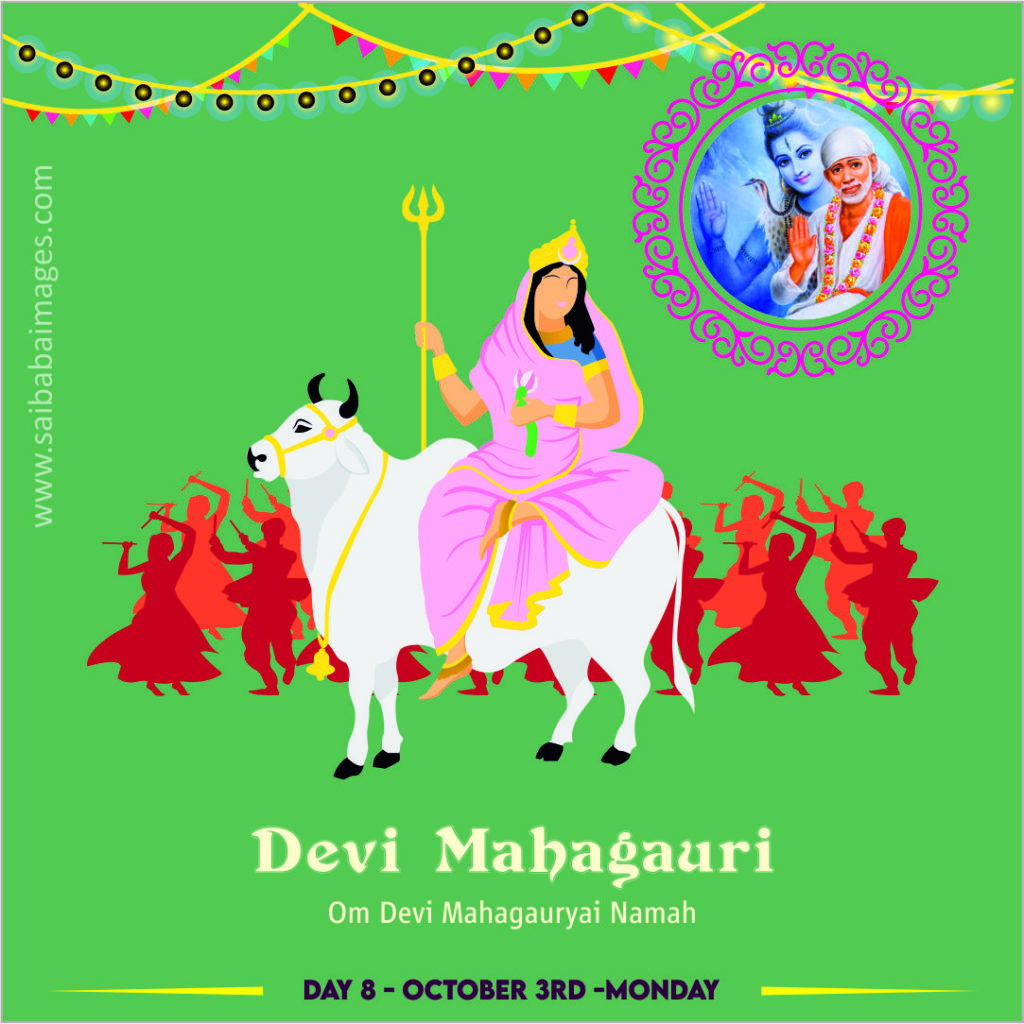 Graceful Navratri Day 8 image featuring Devi Mahagauri, the Goddess with trident riding a white bull amid dancing figures, with a circular portrait of Shirdi Sai Baba in the top corner and festive hanging lights—Sai Baba images free download honoring "Om Devi Mahagauriyai Namah" Graceful Navratri Day 8 image featuring Devi Mahagauri, the Goddess with trident riding a white bull amid dancing figures, with a circular portrait of Shirdi Sai Baba in the top corner and festive hanging lights—Sai Baba images free download honoring "Om Devi Mahagauriyai Namah".
