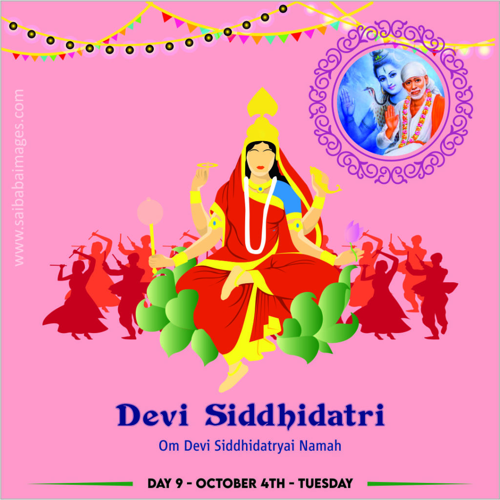 A devotional graphic for Day 9 of Navratri on a pink background, featuring Devi Siddhidatri seated on a lotus, holding a mace, discus, conch, and lotus. In the top right, a circular gold-bordered inset shows Lord Shiva alongside Shirdi Sai Baba wearing an orange kafni. The design includes silhouettes of traditional dancers and the mantra "Om Devi Siddhidatryai Namah".