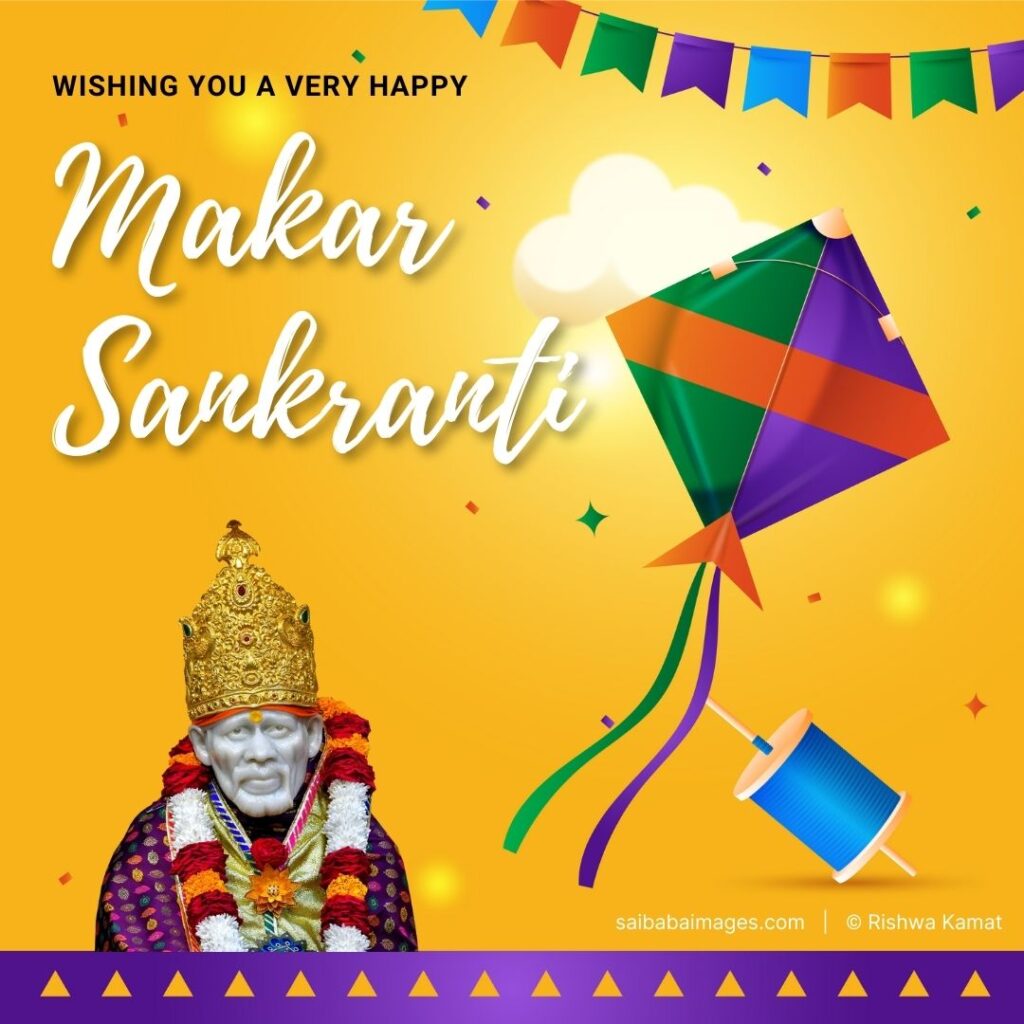 Free Makar Sankranti wishes featuring Sai Baba and the kite theme.