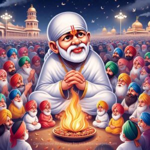 Lohri Wishes with Sai Baba image featuring a bonfire and blessings for 2025.