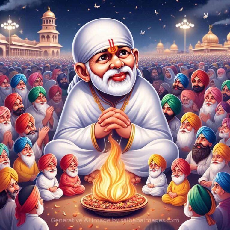 Lohri Wishes with Sai Baba image featuring a bonfire and blessings for 2025.