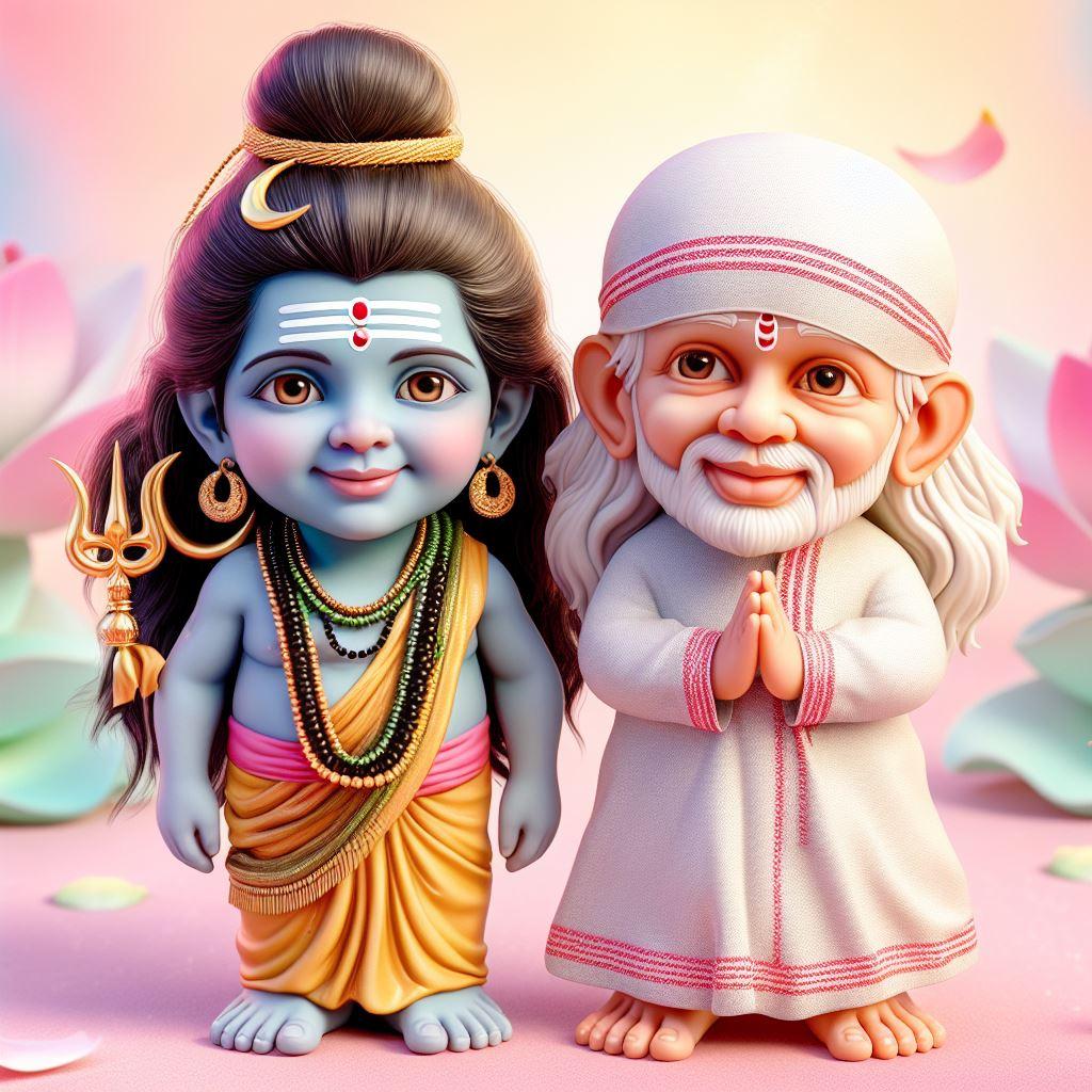 Lord Shiva and Lord Sai Baba as kids and smiling with pastel color background in 3D art