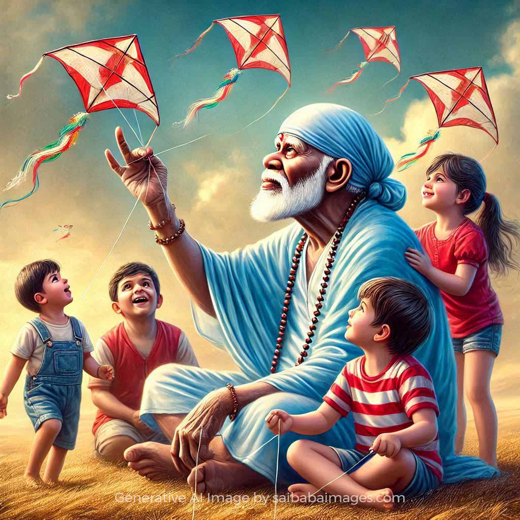 Sai Baba Holding Kites with Kids