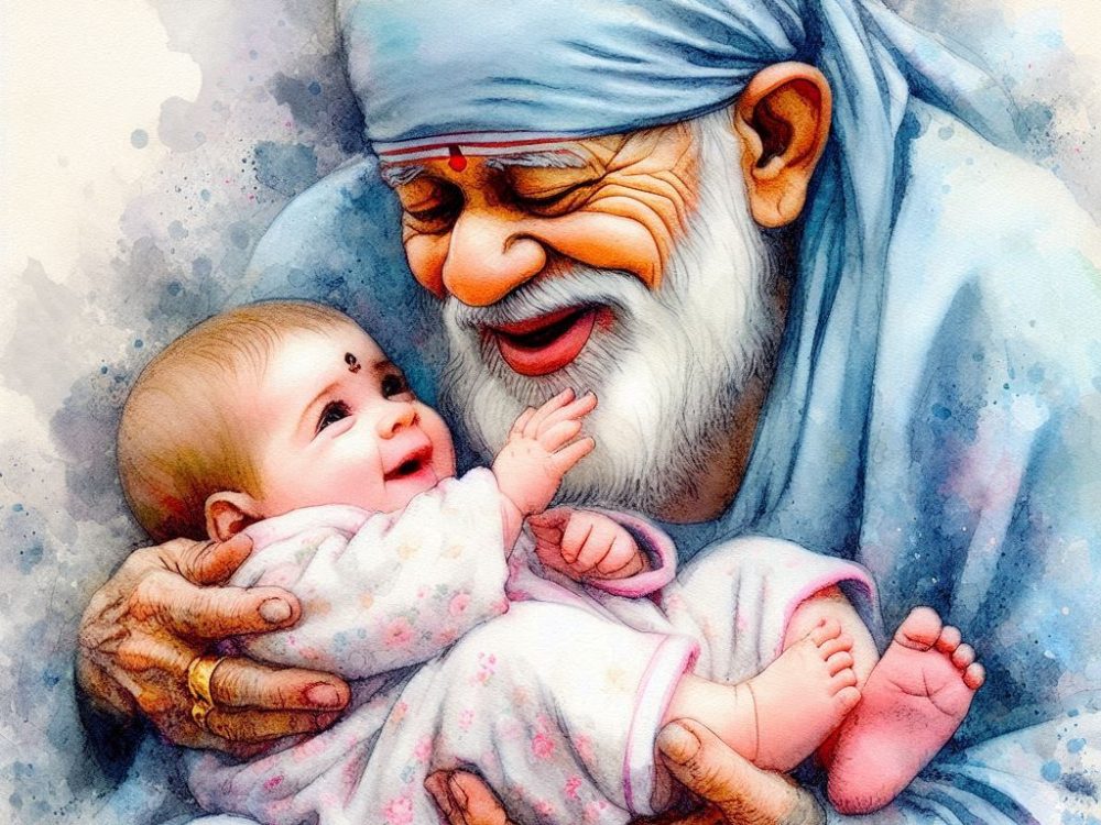 Sai Baba Smiling with an Infant