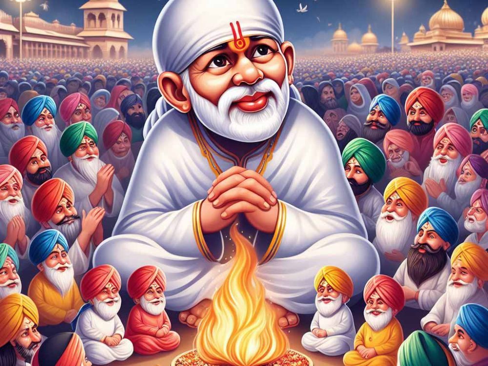 Lohri Wishes with Sai Baba image featuring a bonfire and blessings for 2025.